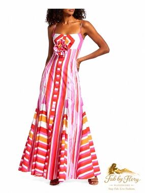 Silvia Tcherassi Catania Striped Cotton Maxi Dress Detachable Flower Accent